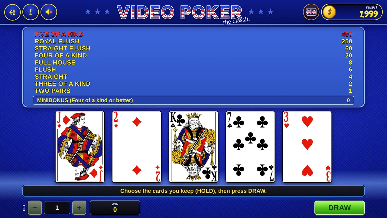 Captură din jocul Video Poker